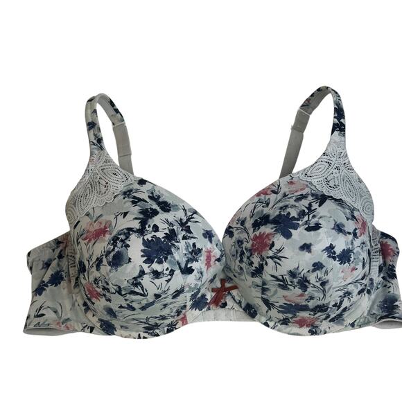 Cacique 44DD Bra Boost Plunge Underwire Floral Lace Cotton Full Figure Coverage - Picture 2 of 15